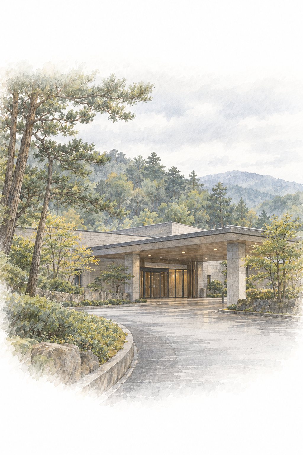 松林の丘に建つ、静かで低い公営の斎場の建物。