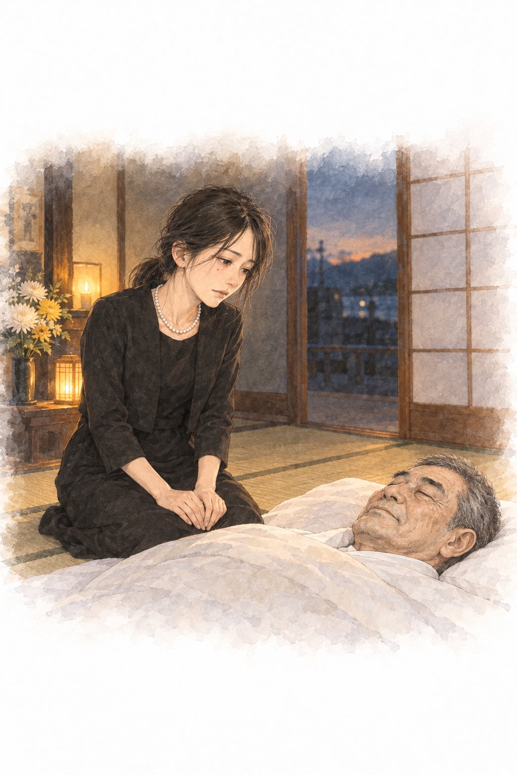 夕暮れの和室。眠る父の布団のそばに座り、静かに話しかける小春。