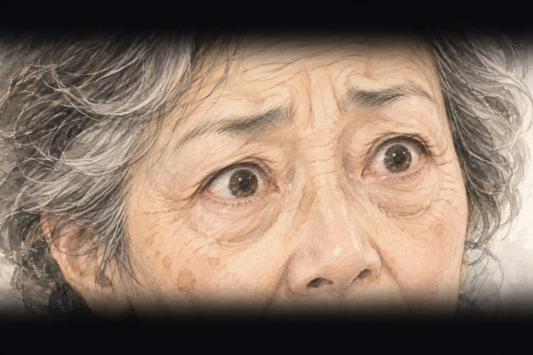こわばって目を見開く母の顔の寄り。