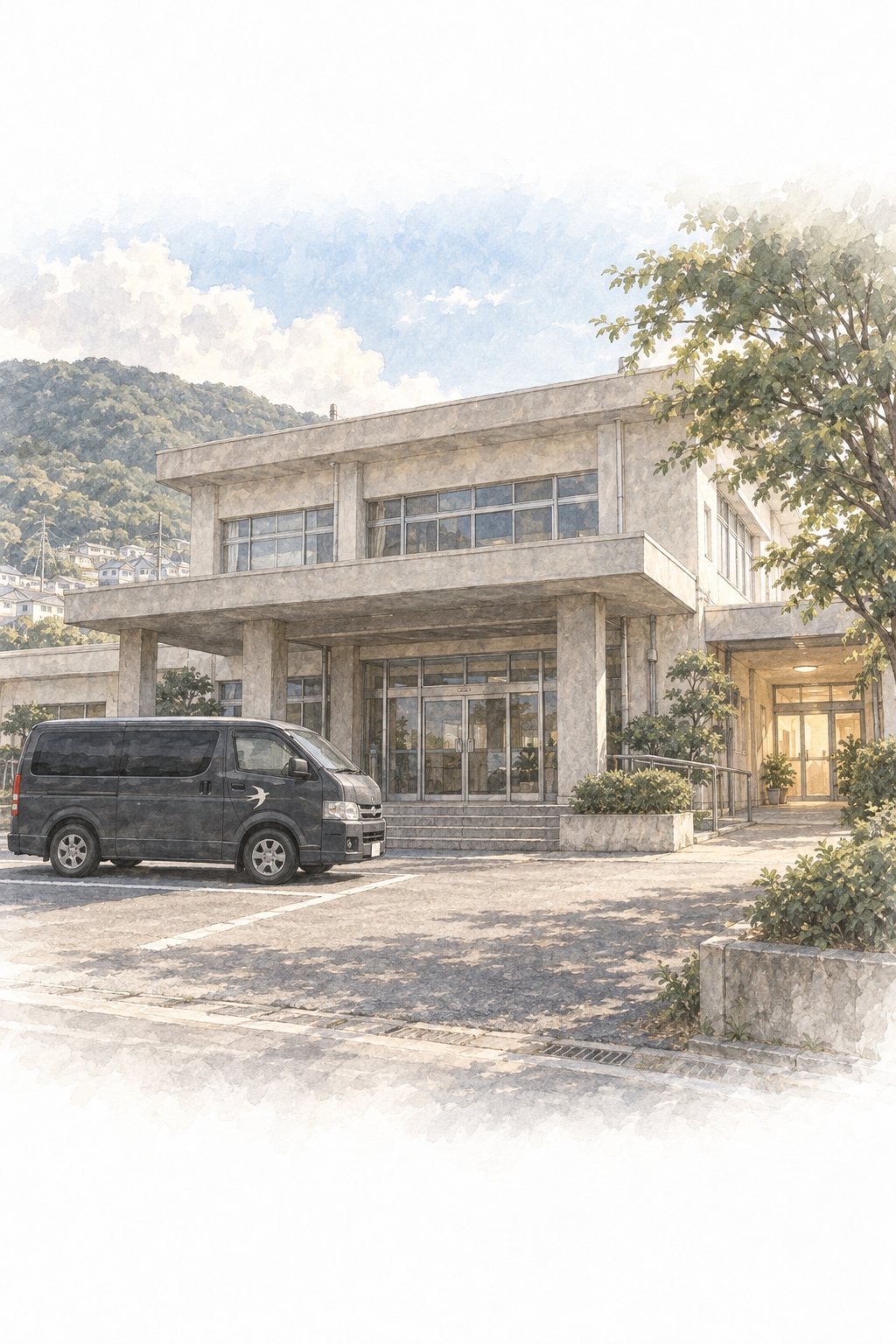 土曜の昼の、静かな市役所。閉まった正面と、明かりのついた横の通用口。前に止まる寝台車。