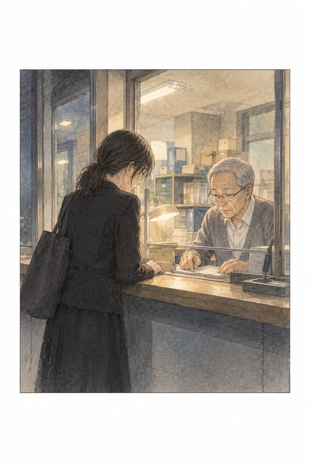 休日の受付の小さな窓口。カウンターの向こうに年配の職員。