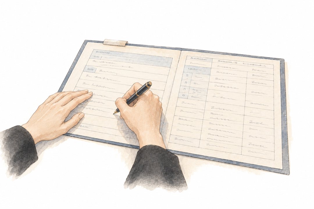 カウンターの上の大きな用紙。左半分に小春の手がペンで書き込み、右半分には医師の欄(読めない)。
