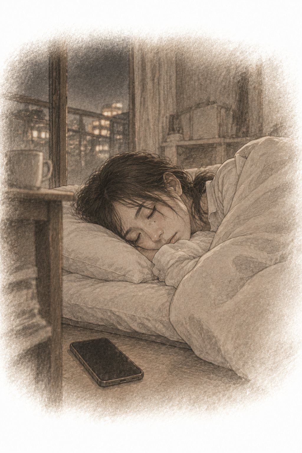 回想(色の抜けた現代の記憶)。夜中の東京の部屋。毛布にくるまって眠る小春と、床の暗いスマートフォン。