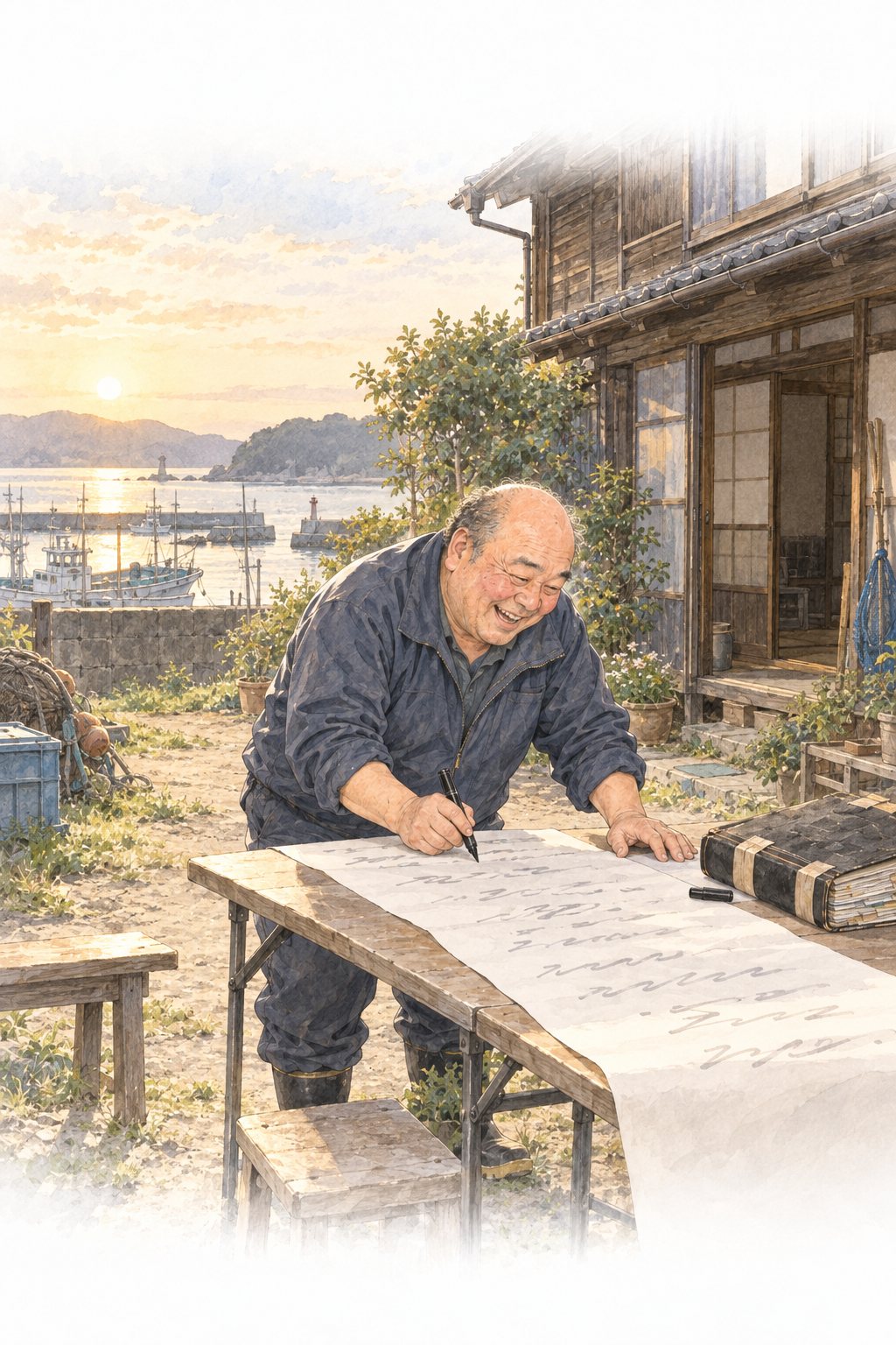 夕方の家の庭。折りたたみ机に大きな紙を広げ、名前を書き込む叔父。