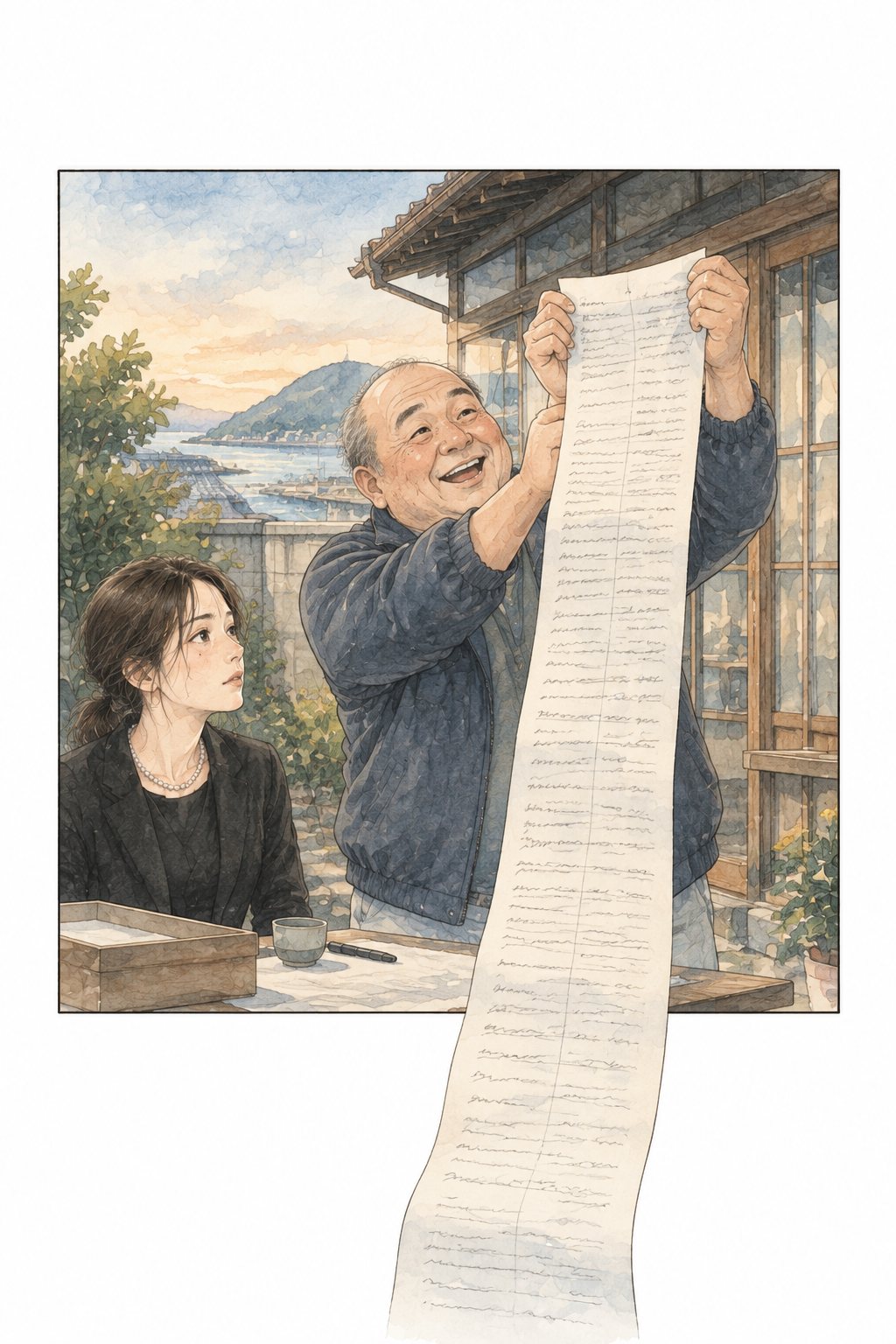 長く垂れた名簿の紙を、得意げに両手で掲げる叔父。