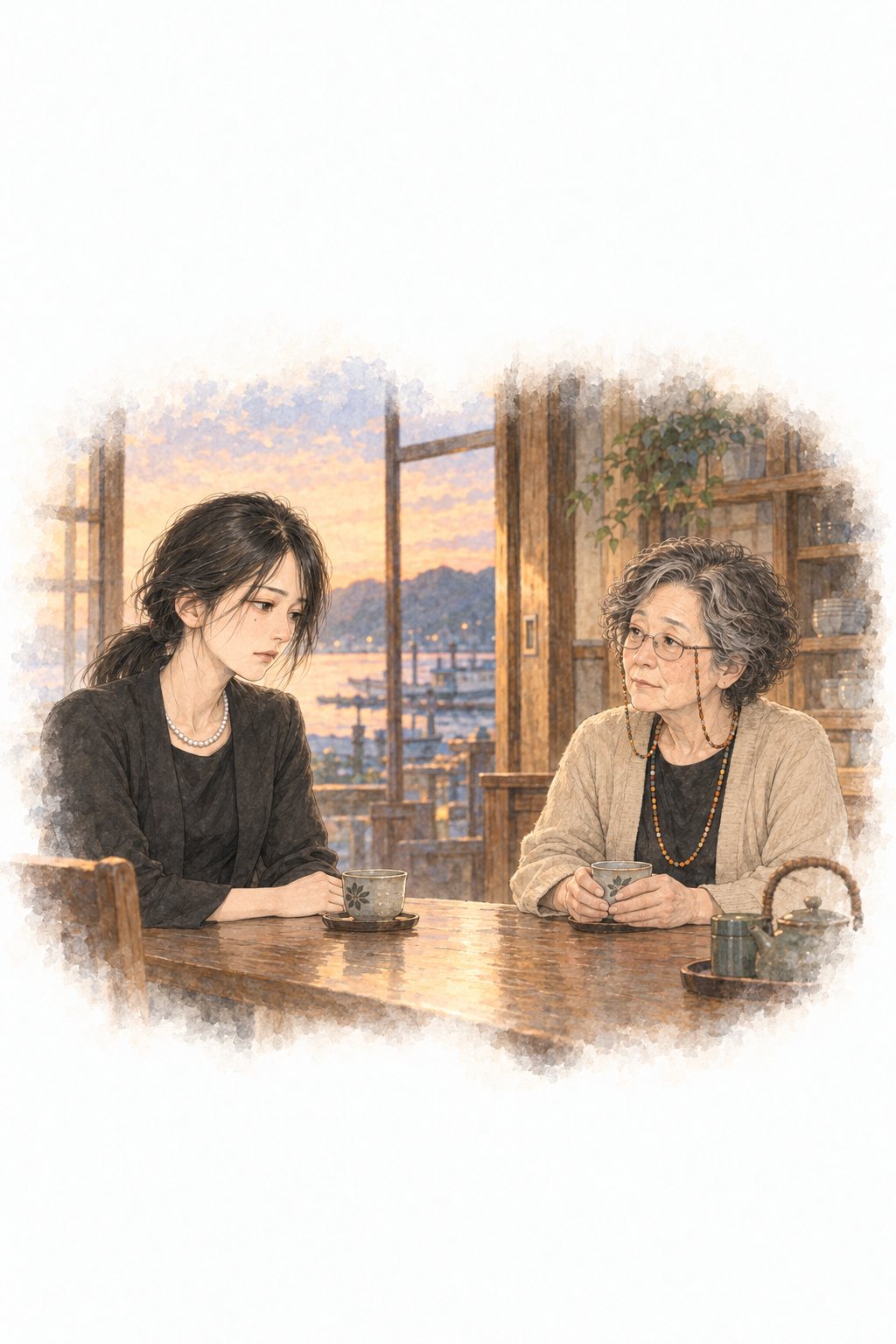 朝の光の差す台所のテーブル。湯のみを前に座る母と、向かいに座る小春。