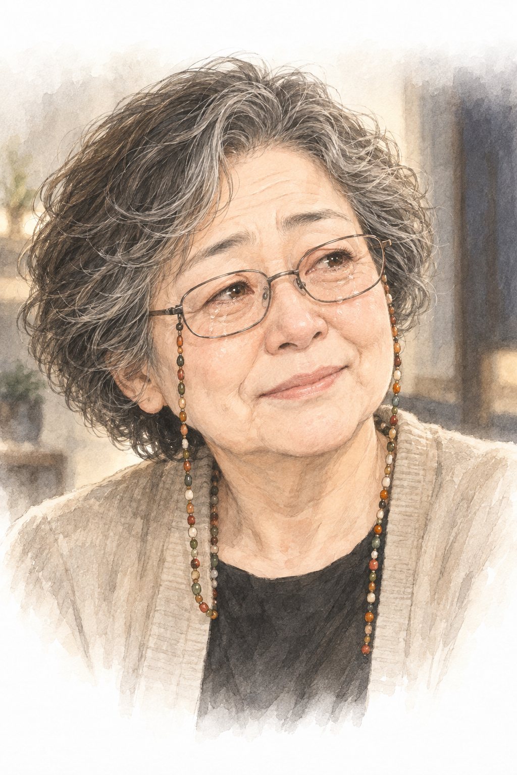 涙をにじませながら、かすかに笑う母の顔の寄り。