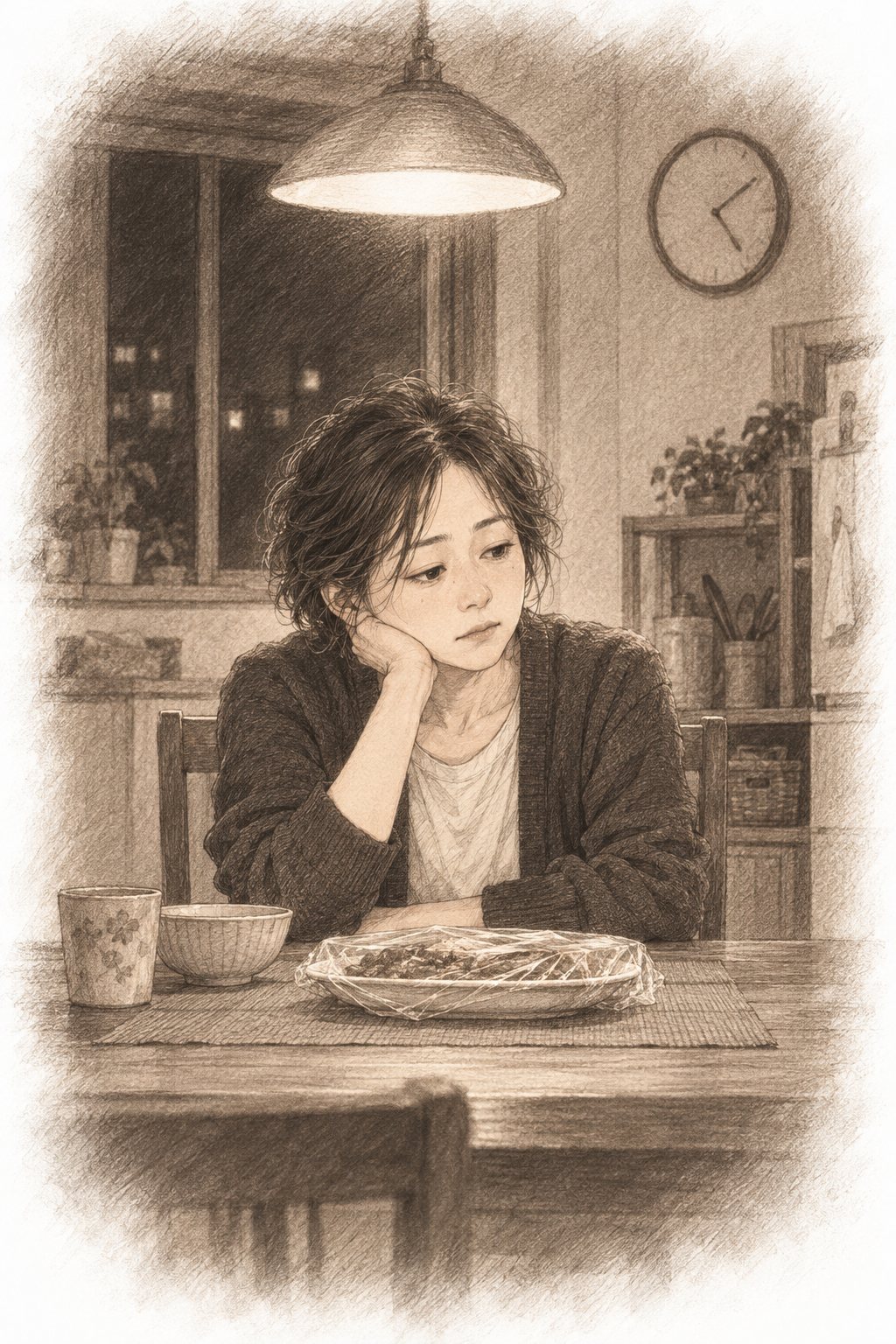 回想(鉛筆のセピア)。夜の食卓で、ラップをかけた皿を前に、一人で待つ若い頃の母。