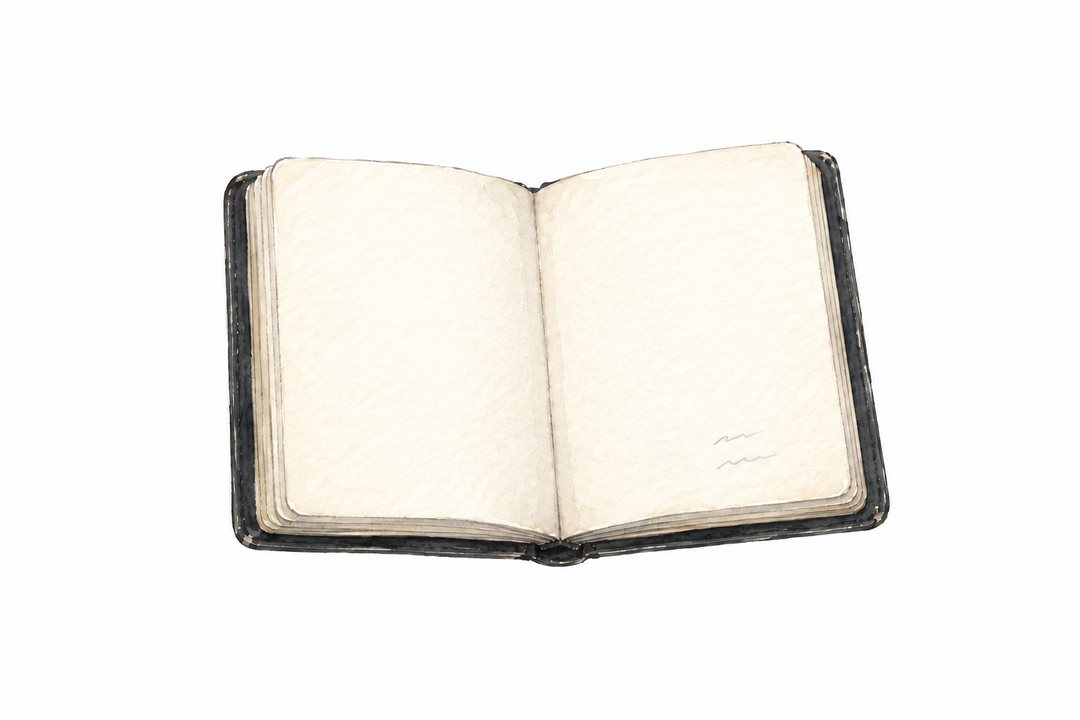 開いた小さな黒い手帳。同じ位置に同じ短い書き込み(読めない)。
