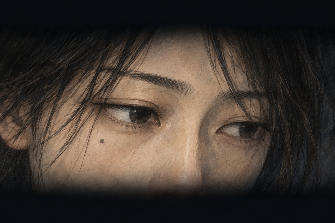 暗がりの中、決意をにじませる小春の目の寄り。