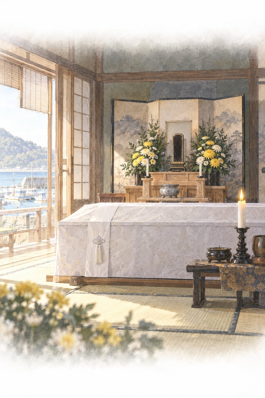 昼の篠原家の座敷。白い布をかけた棺の前に小さな祭壇。ろうそくの小さな黄色い火と、小菊。縁側から淡い光。