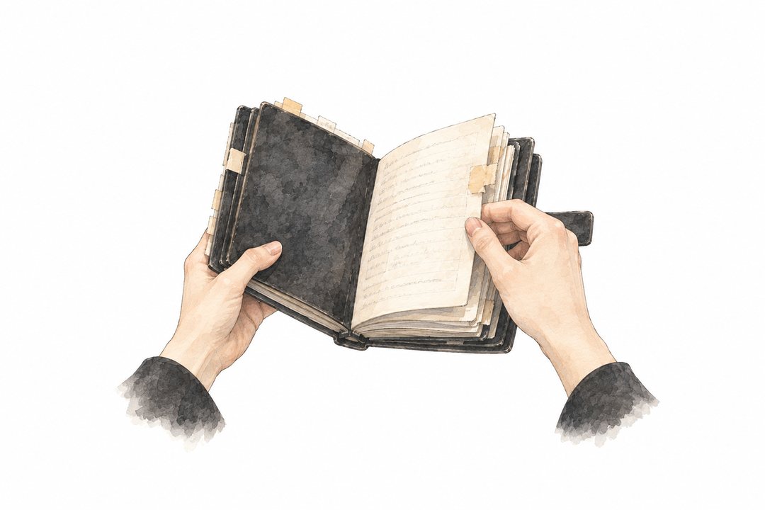 段取り帳の6頁目を開く小春の手。頁の手書きの字は読めない。紙の端に、封をしていた紙の跡。