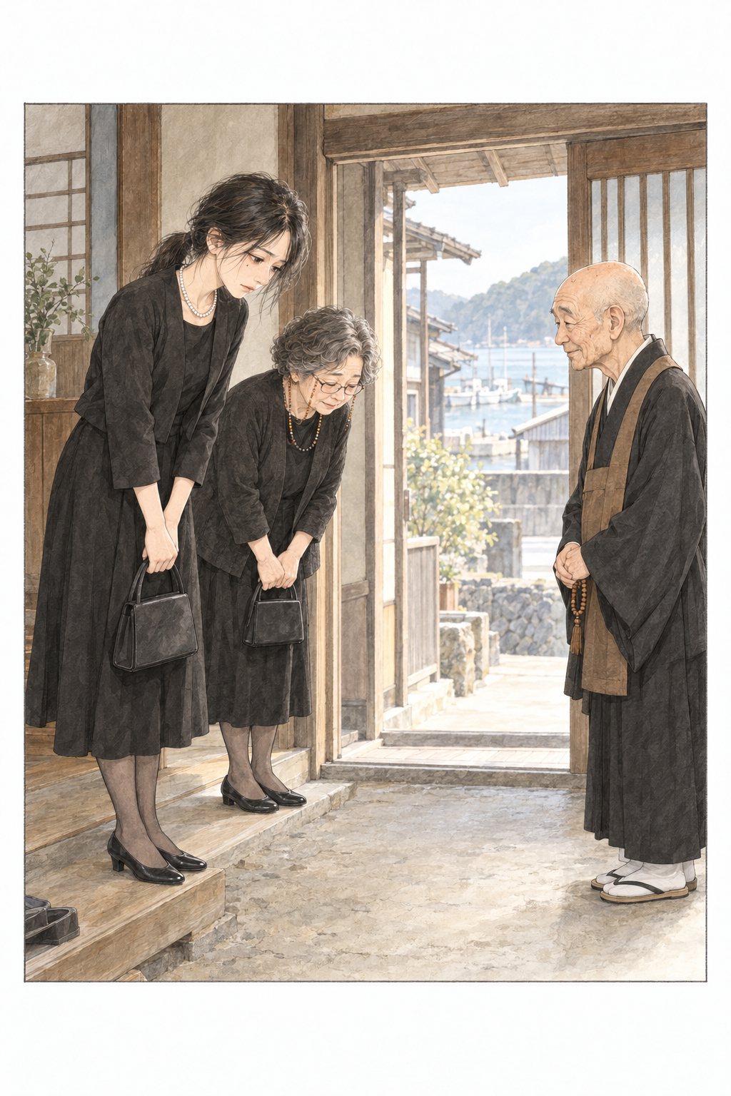 玄関の土間に立つ、小柄でやせた70代の僧侶。黒い衣に袈裟、つるりとした頭、穏やかな細い目。小春と母が頭を下げて迎える。