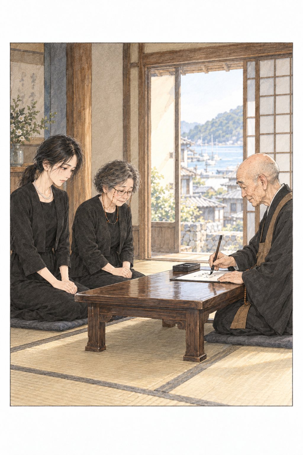 座敷で向き合う住職と小春・母。座卓の上に、白い紙と筆。住職が紙に何か書きかけている。