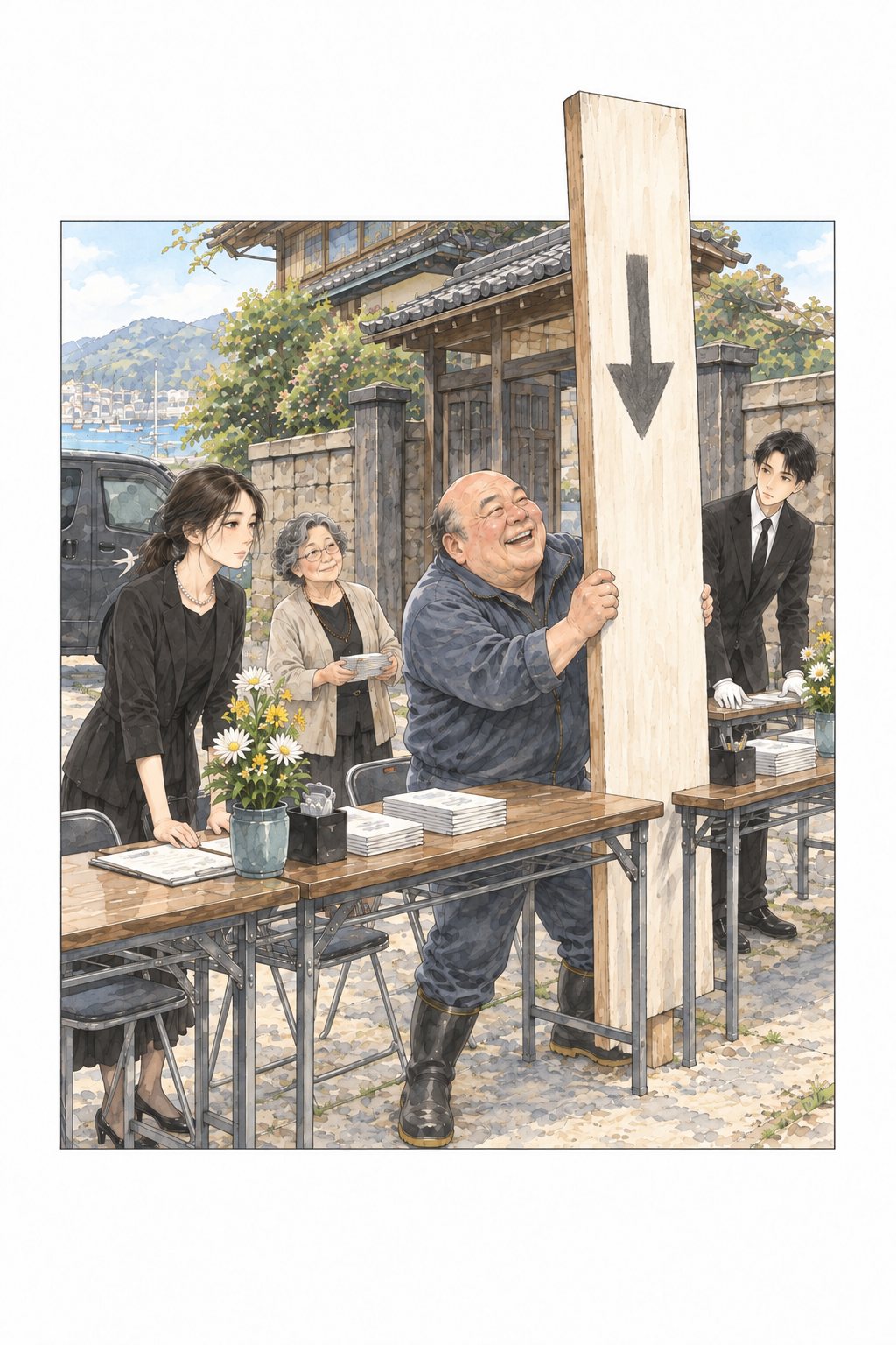 家の門の前。大柄で腹の出た赤ら顔の叔父が、手書きの大きな案内の看板を高く立て、長机を三つ並べている。紺の作業ジャンパー。「ドン」の小さな鉛筆の描き文字。