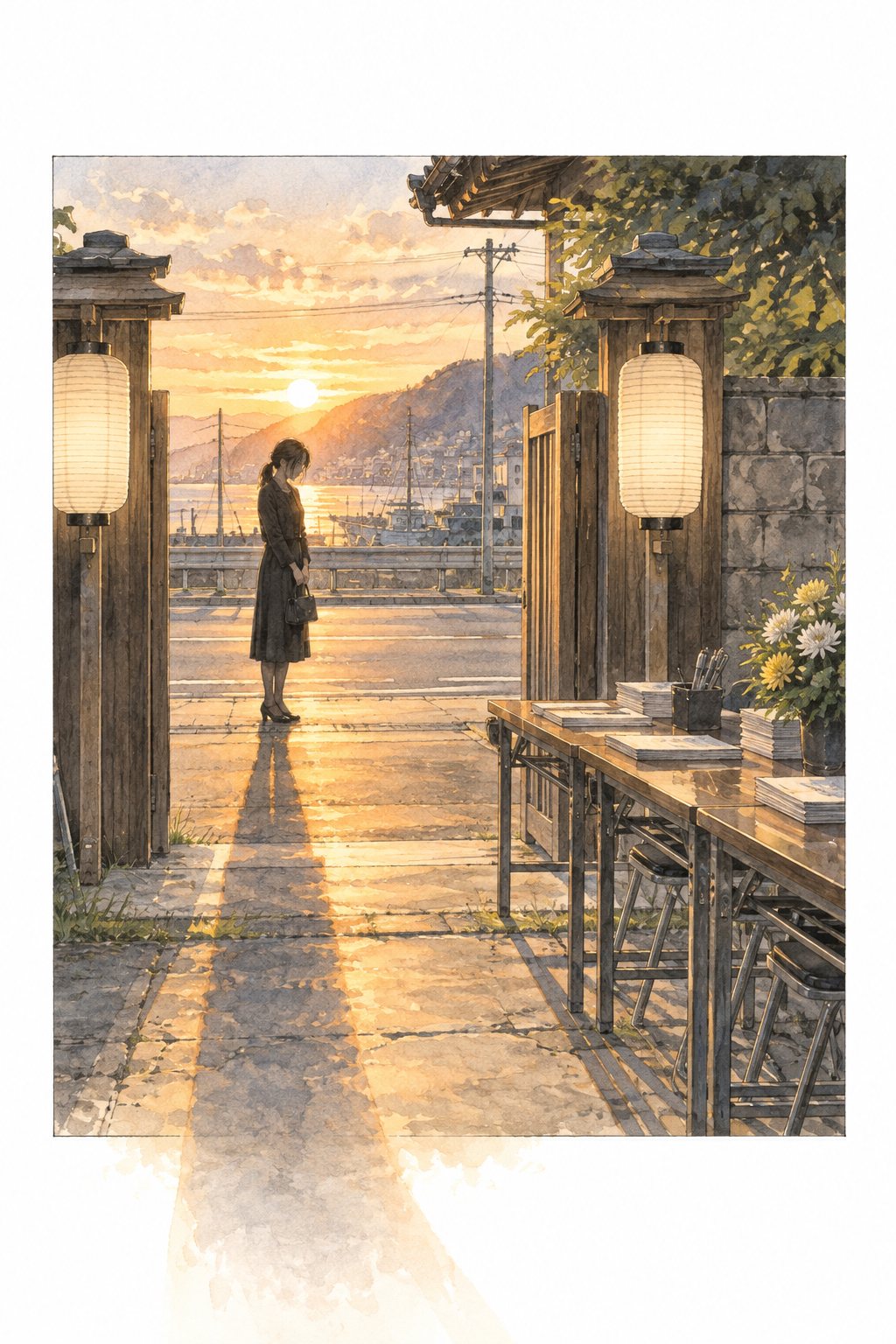 夕方の篠原家の門。灯りの入った提灯、受付の長机。門の外の道に、夕日を背にした喪服の女性が一人、立ち止まっている。顔は影になっている。低い夕日を受けて、女性の長い影が手前へ伸びる。