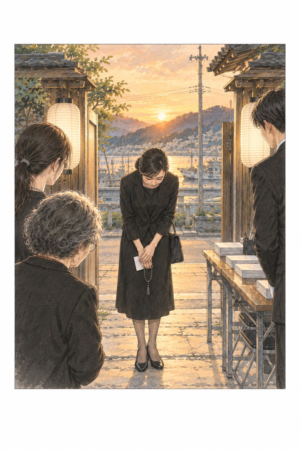 門の前で深く頭を下げる、40代の喪服の女性。黒い髪をきっちり後ろでまとめ、手に小さな数珠と白い包み。