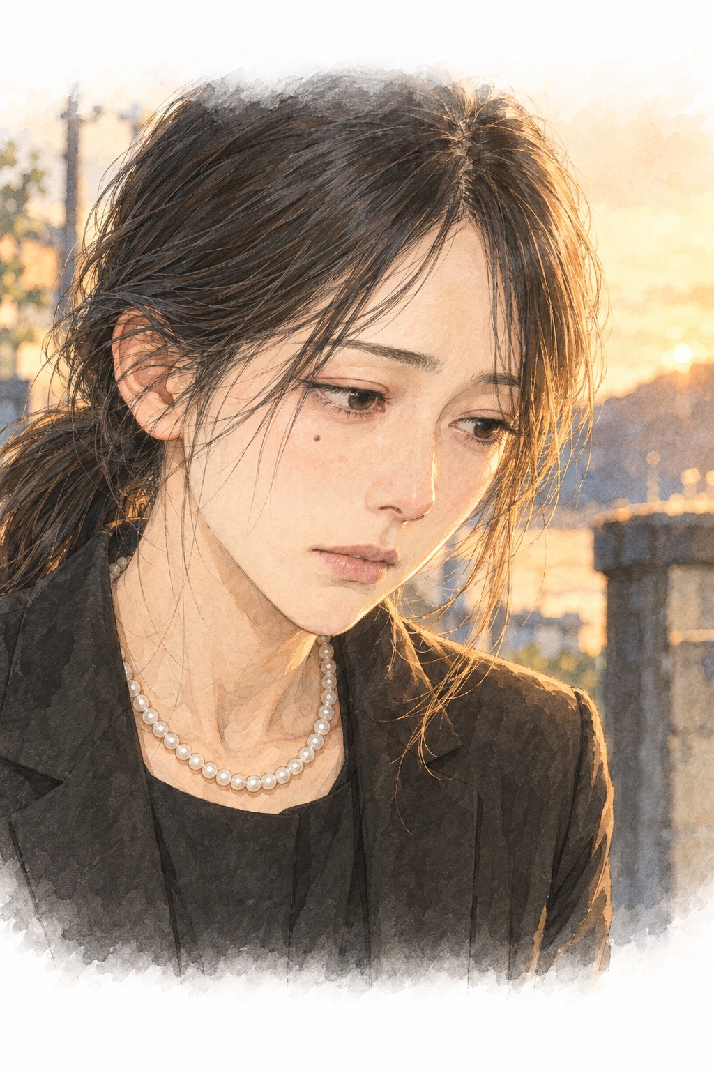 受付の長机の後ろで、息をのむ小春の顔の寄り。夕日が頬に当たる。