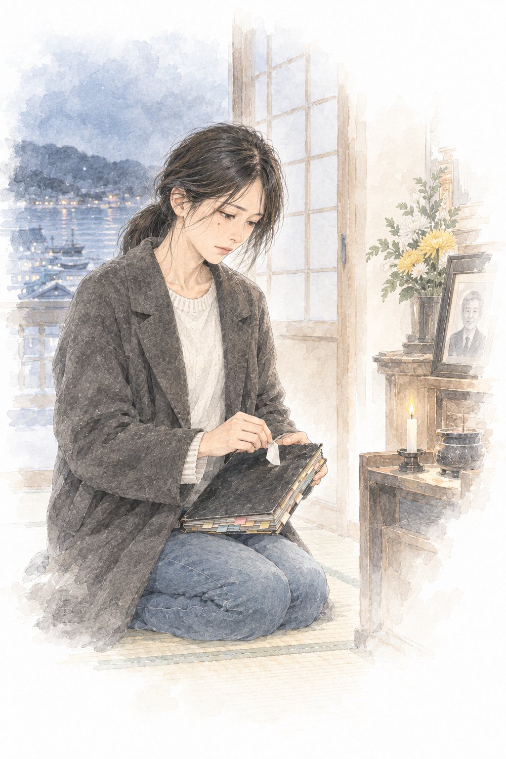 冬の夜の篠原家の座敷。仏壇の前に正座した30代の女性が、黒い表紙の古い手帳の、封をした紙を破って開く。仏壇のろうそくの小さな黄色い火。