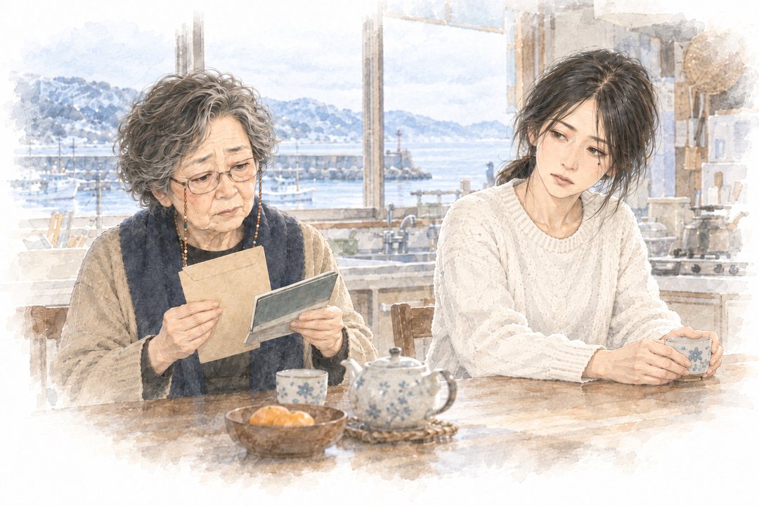 台所の食卓。左で小柄な60代の女性が、銀行の封筒と通帳を手に困った顔。右で小春が湯のみを手に、母の方を見る。