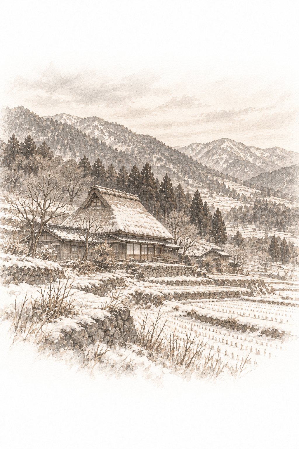 鉛筆のセピアの古い景色。山あいの村の、わら屋根の残る古い家と、小さな田んぼ。