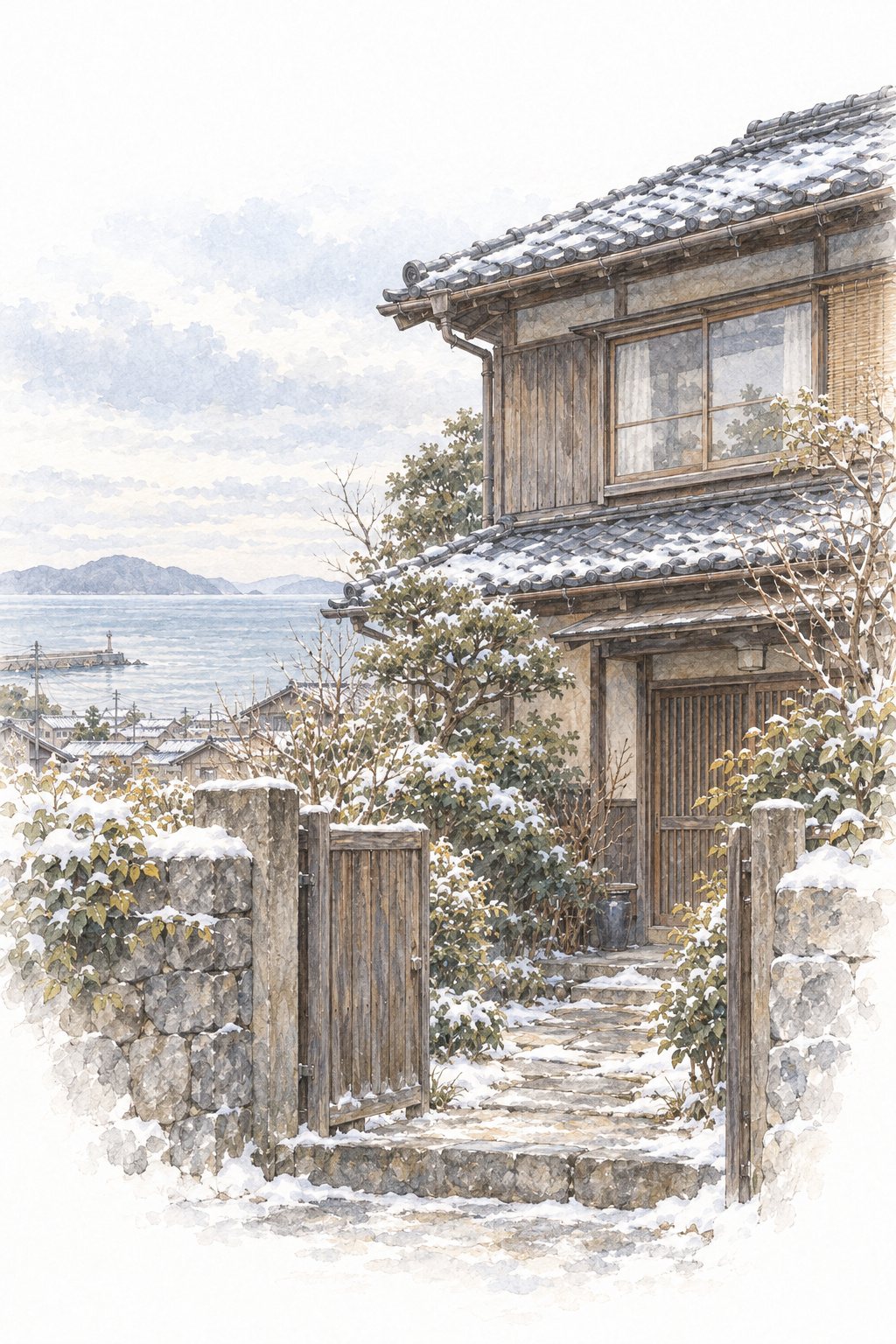 淡い水彩の、冬の海辺の小さな町。港のそばの、2階建ての古い木の家。