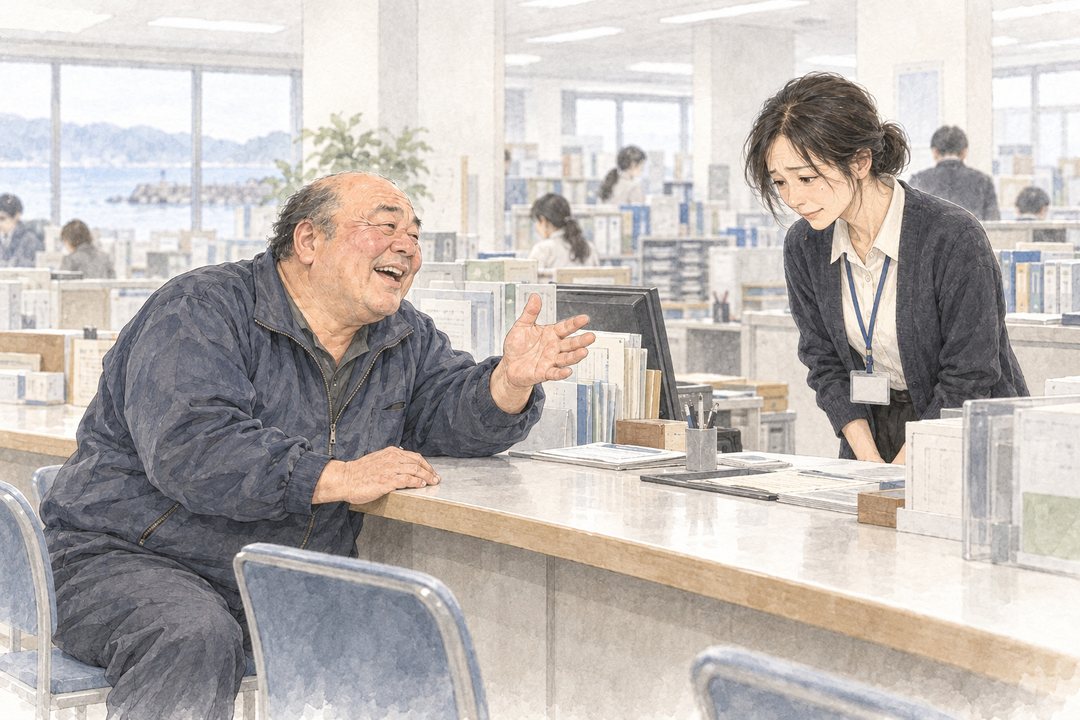 市役所の戸籍の窓口。左で大柄な60代の男性が、カウンターに身を乗り出し、片手を広げて大きな声で話す。右のカウンターの向こうで、40代の女性の職員が身をかがめて応じる。