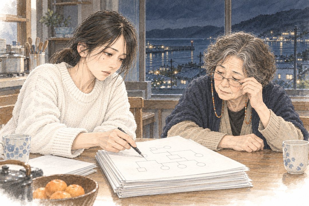 夜の台所の食卓。戸籍の束と、手書きの家族の図の紙。左で小春がペンの先で図を指し、右で母が老眼鏡を上げてのぞき込む。窓の外は暗い冬の海。