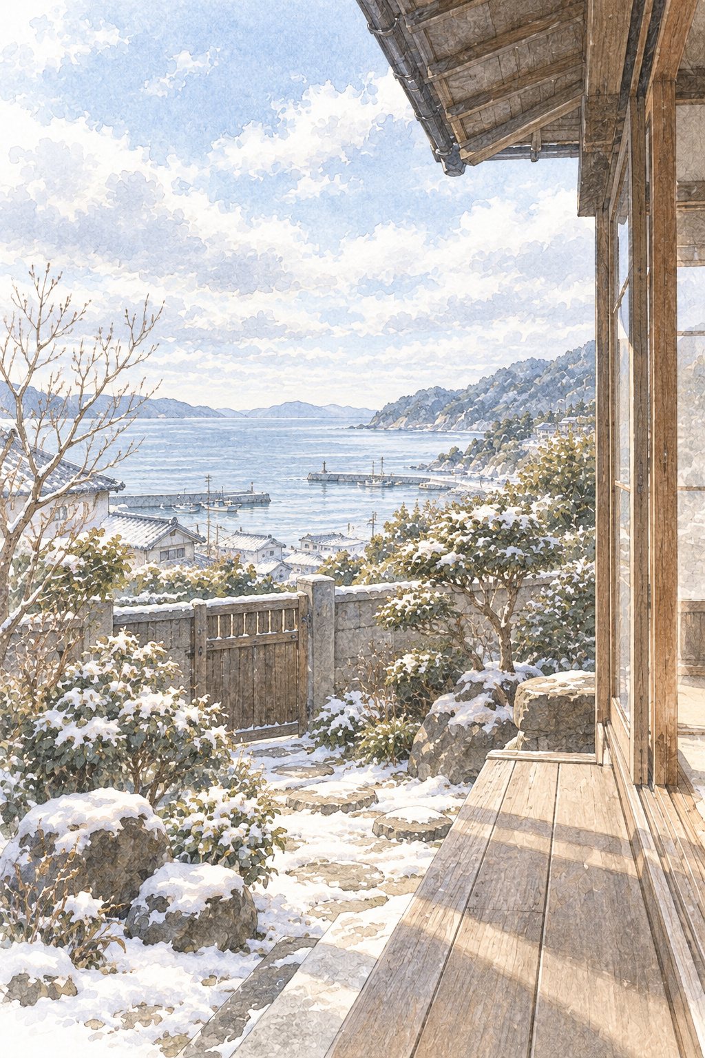 冬の昼、縁側から見た古い家の門と小さな庭。その向こうに灰青の冬の海。