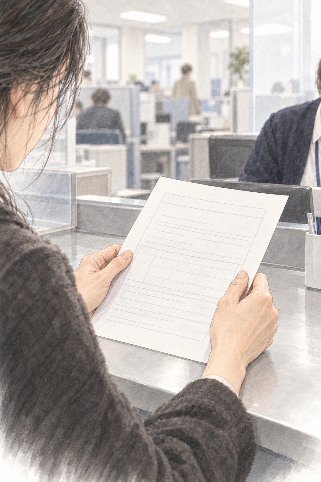法務局の窓口の前。肩越しに、登記の証明書の紙（字は読めない）を両手で持って見つめる女性。