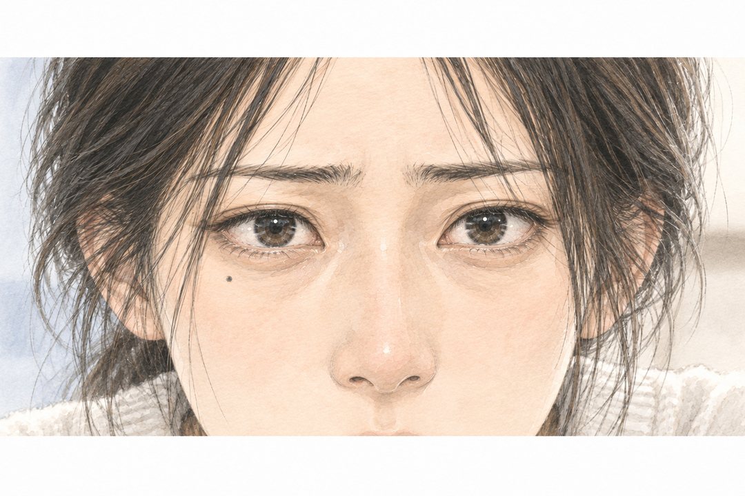 細い横の帯の寄り。息をのむ小春の目。右目の下に小さなほくろ。