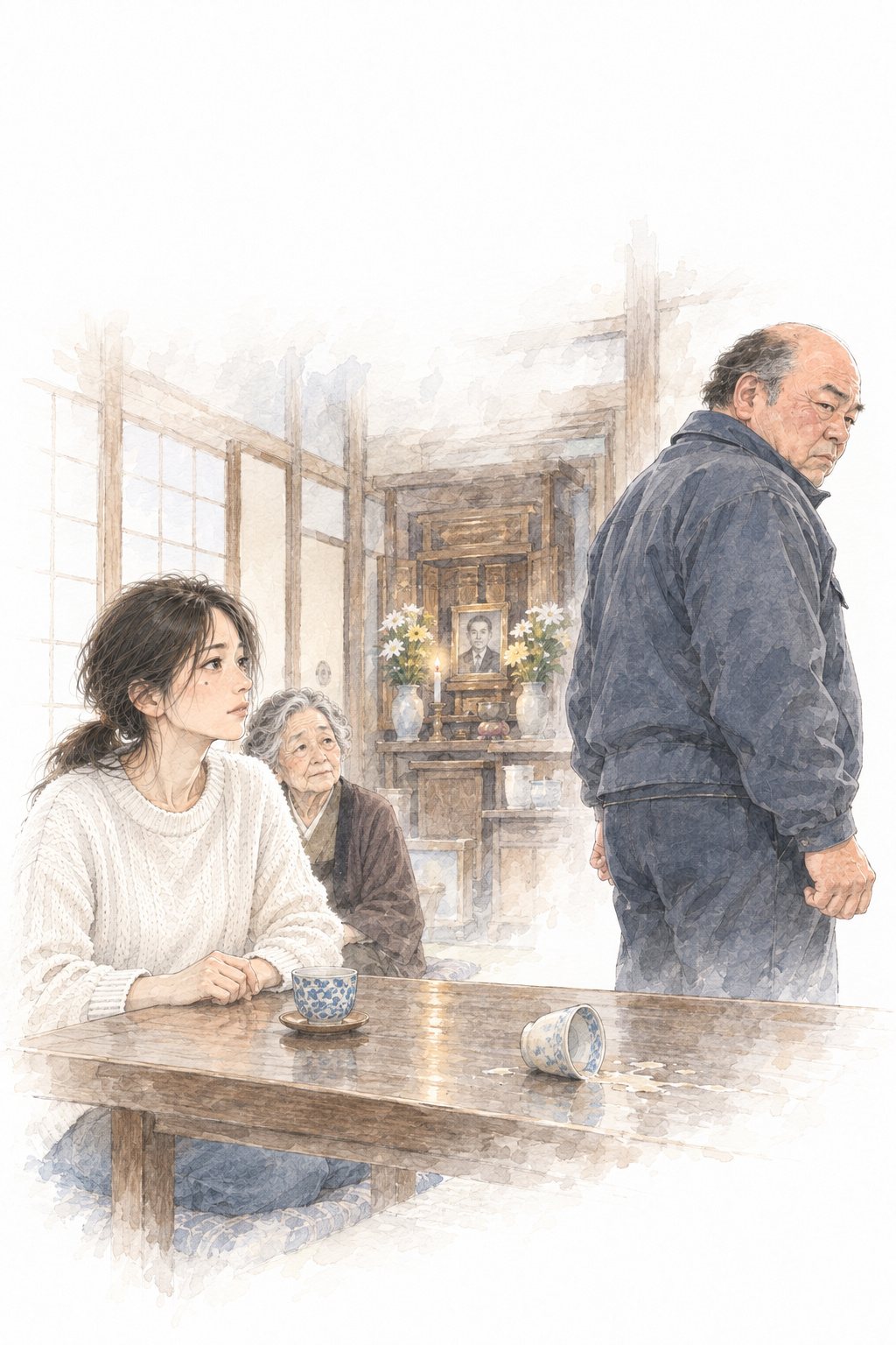 座敷を少し引いて見る。左に座ったままの小春とその奥の母、右に立ったまま背を向けかける叔父。奥の仏壇に、父の写真と小さなろうそくの火。