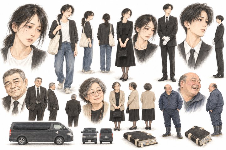 「親が亡くなったら、家は誰のもの?」の第1話までの登場人物の設定画(何人かの全身と顔を1枚に)
