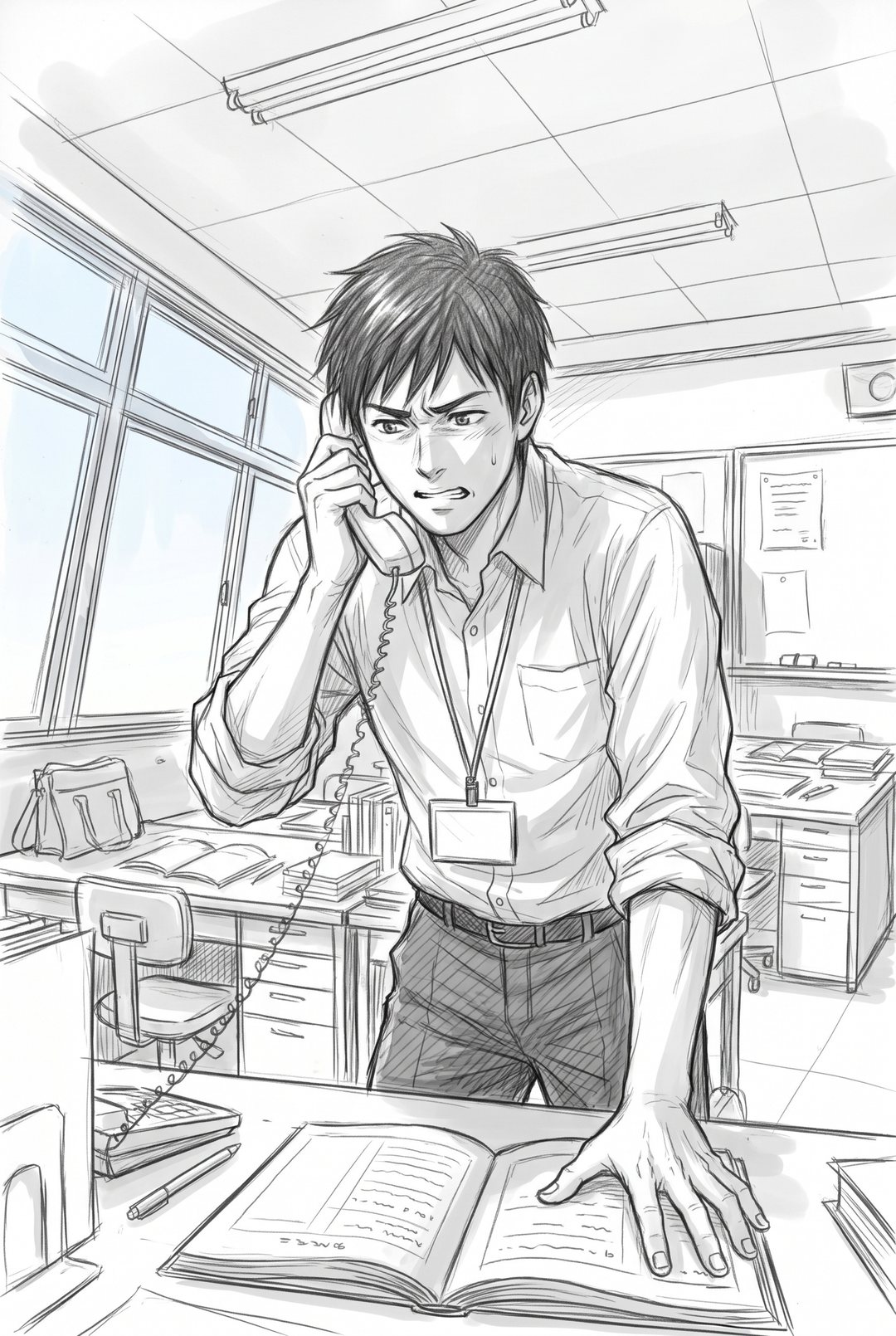 朝の中学校の職員室。窓から白い朝の光。机の島の間で、20代の男性の教師が受話器を耳に当て、もう片方の手で出席簿を開いている（字は無い）。