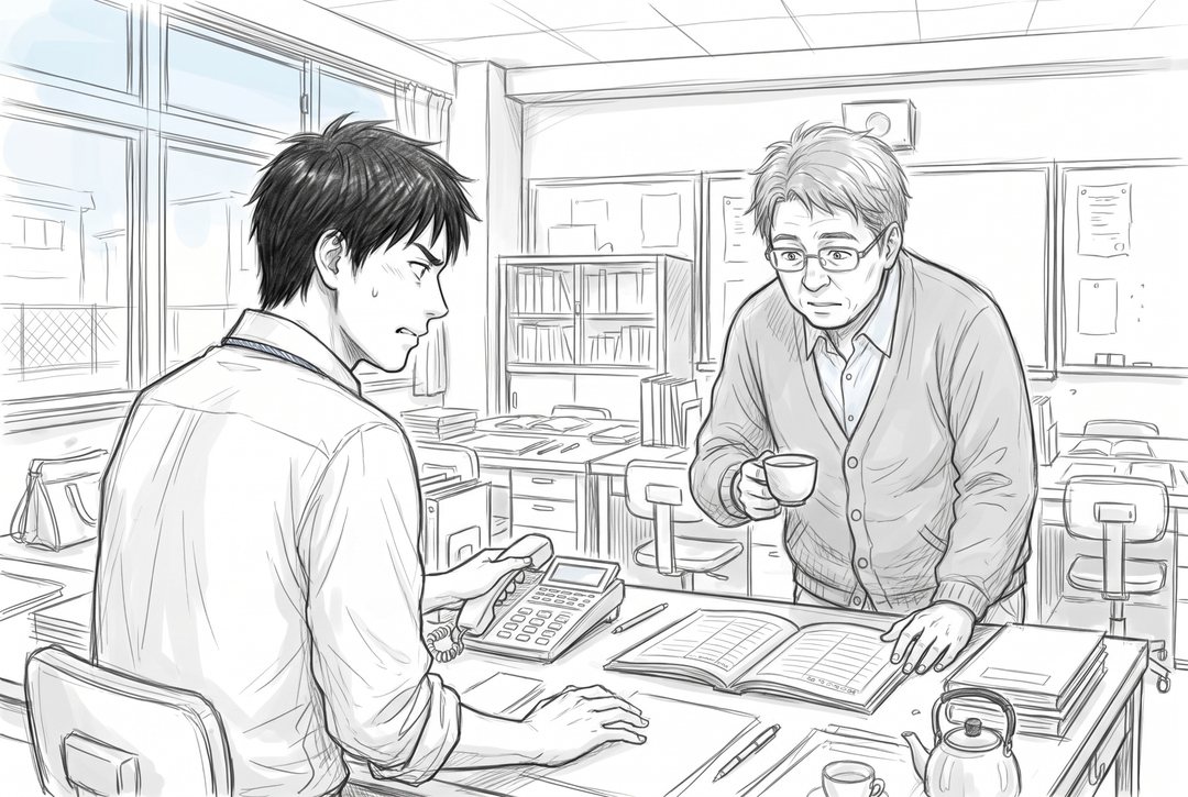 職員室の机。左で、若い男性の教師が受話器を置いたところ。右から、白髪まじりの50代の男性の教師が、湯のみを持って出席簿をのぞき込む。