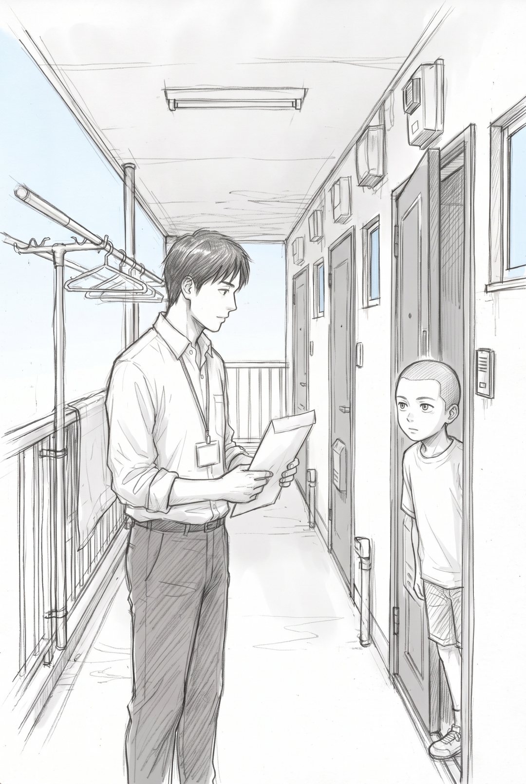 夕方の団地の3階の廊下。左で、若い男性の教師がプリントを手に玄関の前に立つ。右の少し開いたドアから、坊主頭の小学生の男の子が顔を出して教師を見ている。