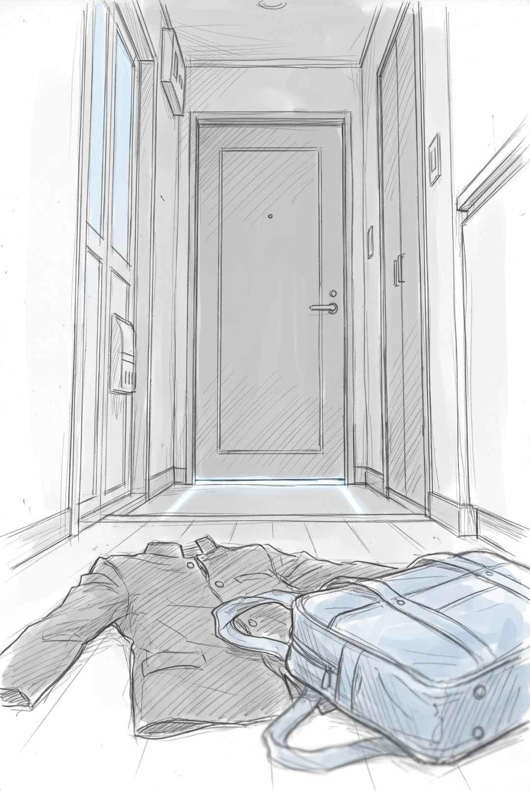 玄関の奥の短い廊下。閉じた部屋のドア。ドアの下の隙間から、細く部屋の明かりが漏れている。手前の床に、置かれたままの中学の制服の上着と通学かばん。