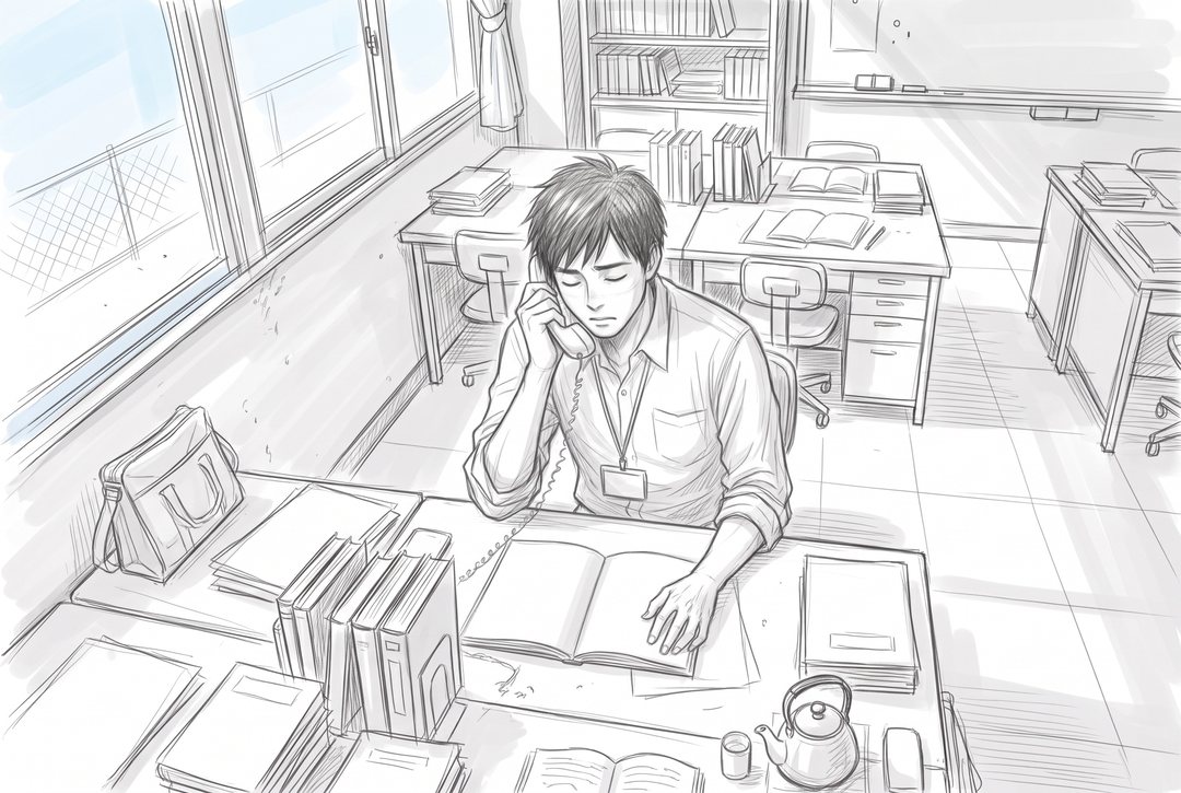 翌朝の職員室。若い教師が受話器を耳に当てたまま、うつむいて目を閉じている。机の上に開いた出席簿（字は無い）。