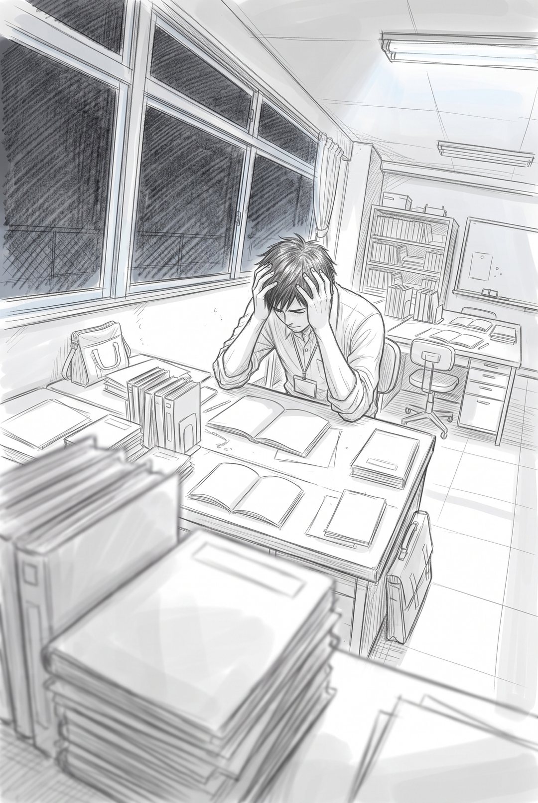 夜の職員室。蛍光灯が半分消え、1つの机だけ明るい。若い教師が、資料の紙（字は読めない）を何枚も机に並べ、頭を抱えている。