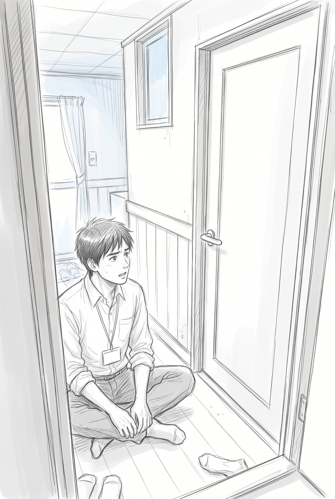 閉じた部屋のドアの前の廊下に、若い教師があぐらをかいて座り、ドアに向かって話している。
