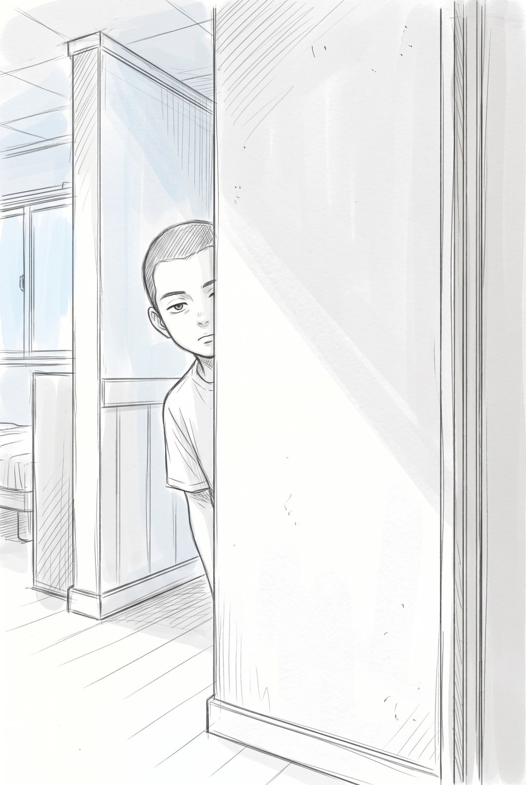 廊下の角の壁から、弟が顔を半分だけ出して、あきれ顔でのぞいている（絵の左）。