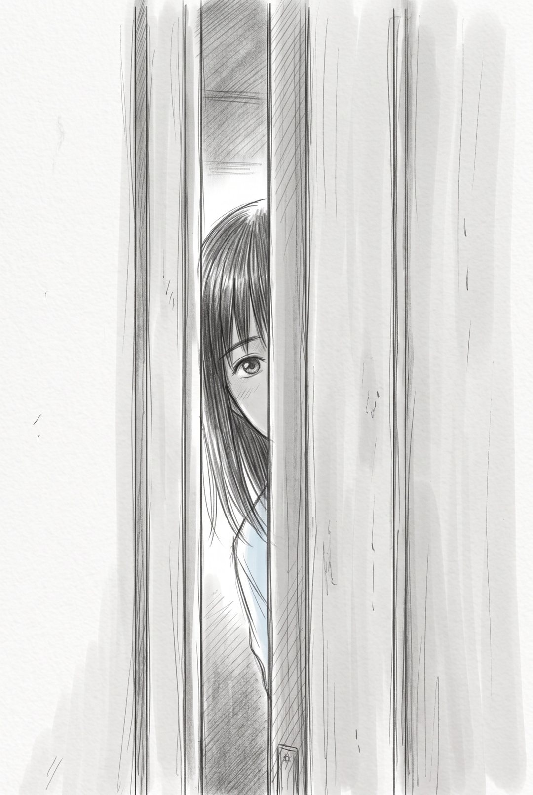部屋のドアが細く開き、右の隙間から、前髪の長い中学生の女の子の片目がのぞいている。