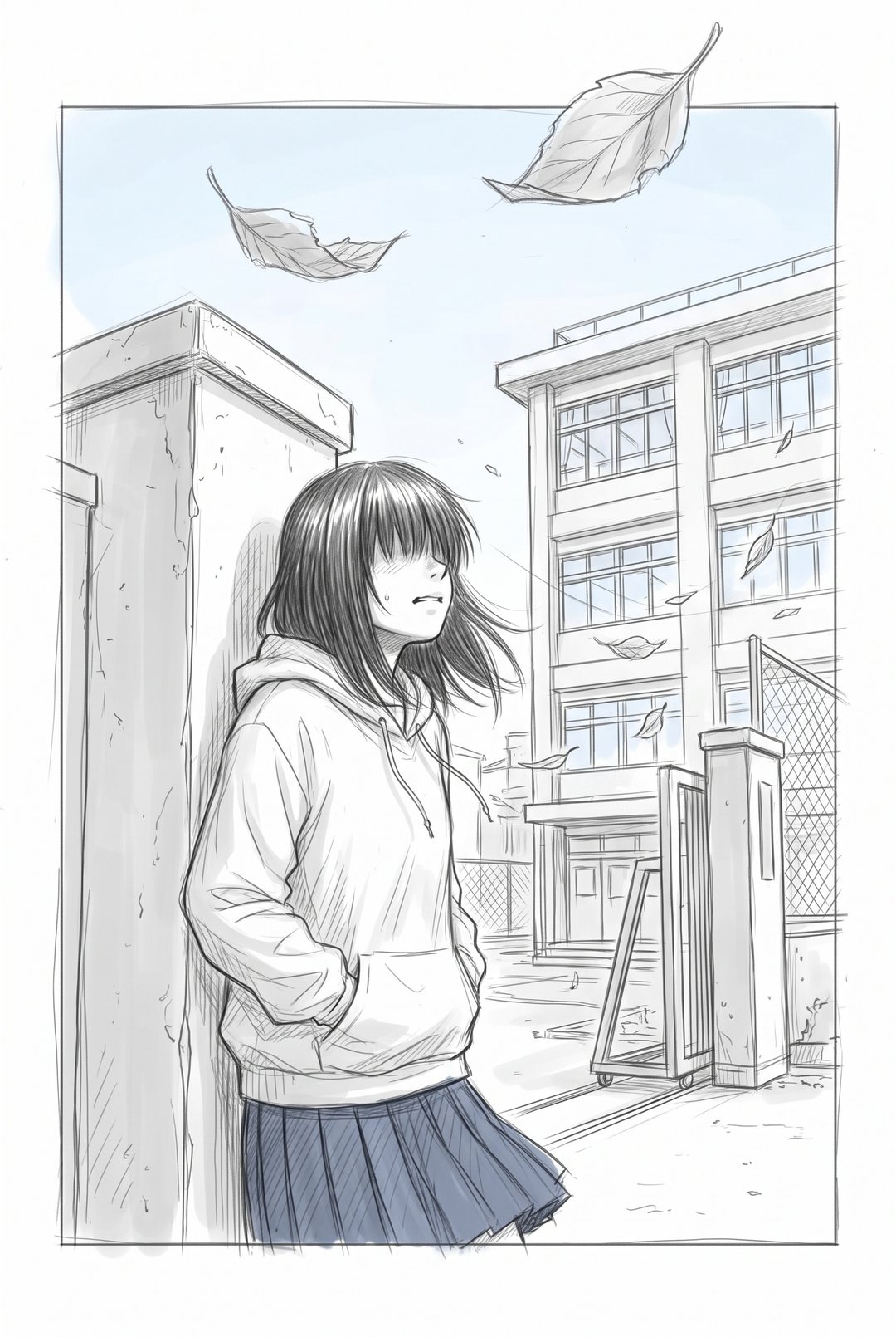 放課後の中学校の裏門。白っぽい曇りの光。パーカーを着た女の子が、左の門の柱にもたれ、前髪で目を隠したまま立ち止まる。奥に3階建ての校舎。風で枯れ葉が舞い上がり、絵の枠の上を越える。