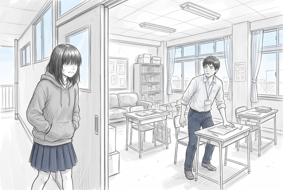 3階の空き教室を使った部屋。机が4つと、古いソファと本棚。部屋の入口で、女の子が一歩だけ中に入り、右の奥の机から若い教師が立ち上がる。