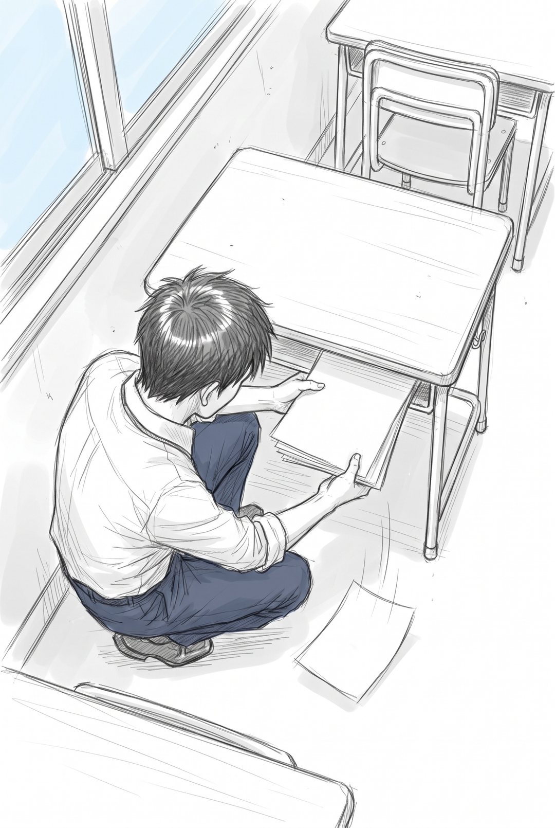 誰もいない夕方の教室。窓際の1つの机の前で、若い教師がしゃがみ、机の中からプリントを取り出している。