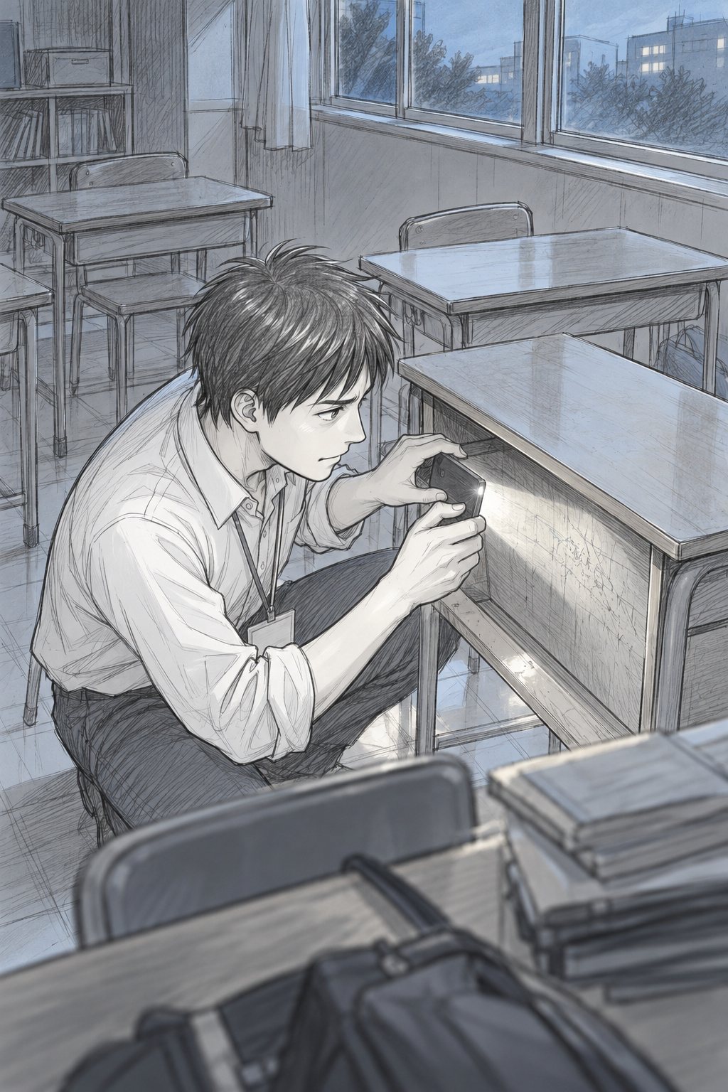 夕方の教室。窓際の机の前にしゃがんだ若い男性の教師が、スマートフォンのライトを机の中の板へ横から当てている。光の筋の中に、消した鉛筆の跡の溝が浮かぶ（字は読めない）。