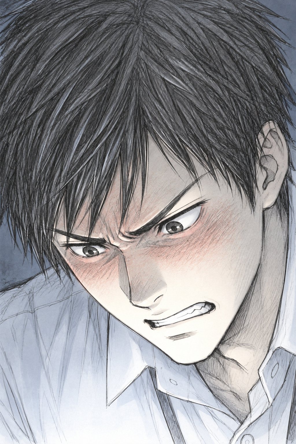 若い教師の顔の大写し。頬と目のまわりが怒りで赤く染まり、奥歯をかみしめる。ライトの白い光が下から当たる。