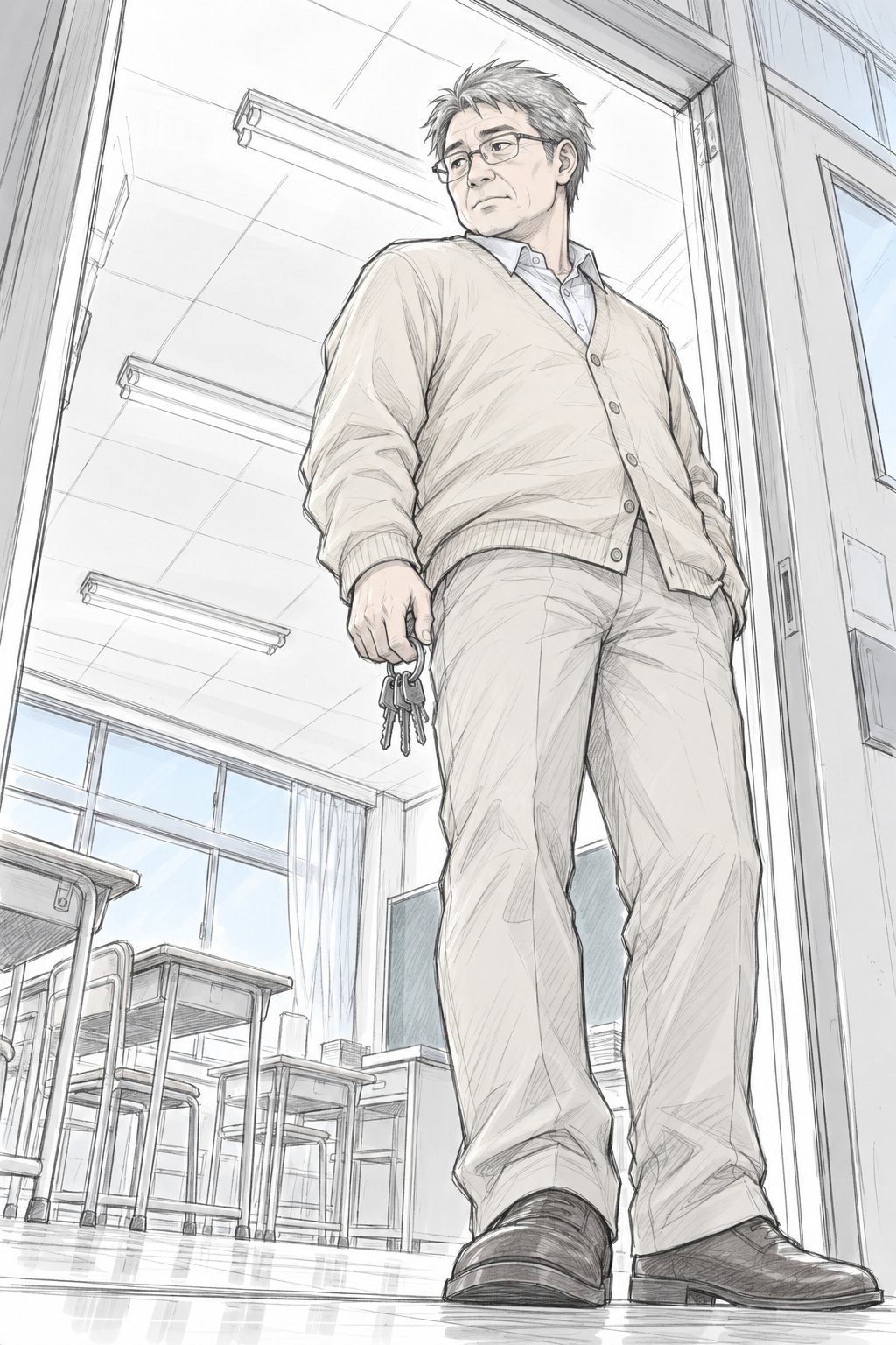 教室の入口。見回りの鍵の束を手にした、白髪まじりで眼鏡の50代の男性の教師が立つ。床から見上げる角度。天井に白い蛍光灯。