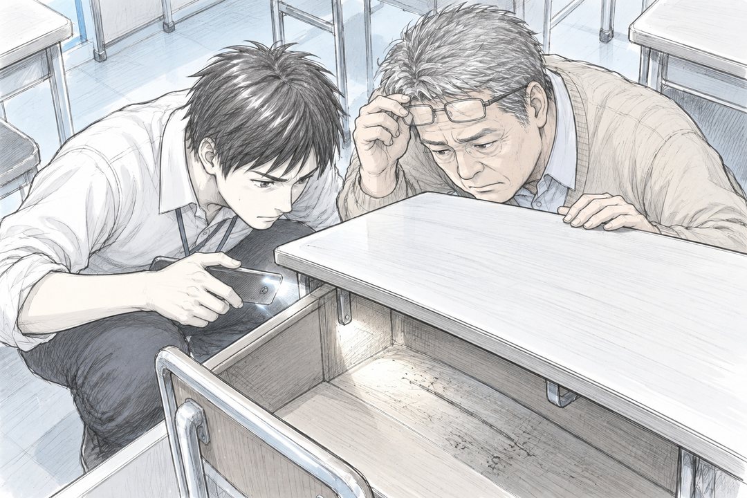 机をのぞき込む2人を斜め上から。左で若い教師がライトを当て、右で年配の教師が眼鏡を額へ上げて板に顔を寄せる。