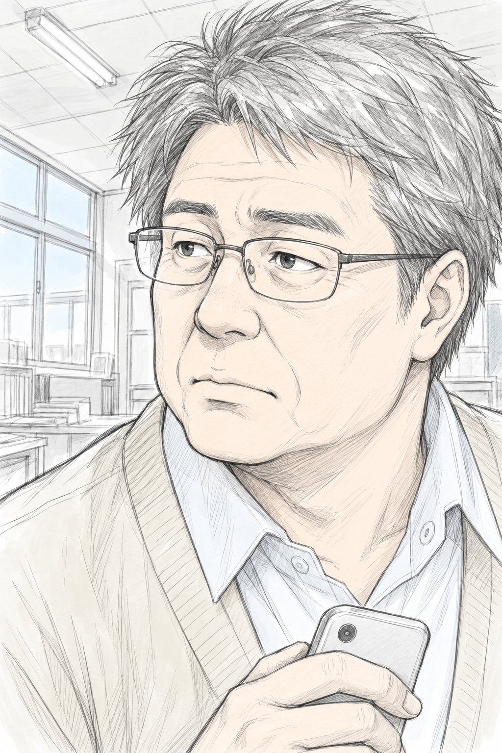 年配の教師の寄り。眼鏡の奥の目が、若い教師をまっすぐ見る。手のスマートフォンを下ろしたところ。